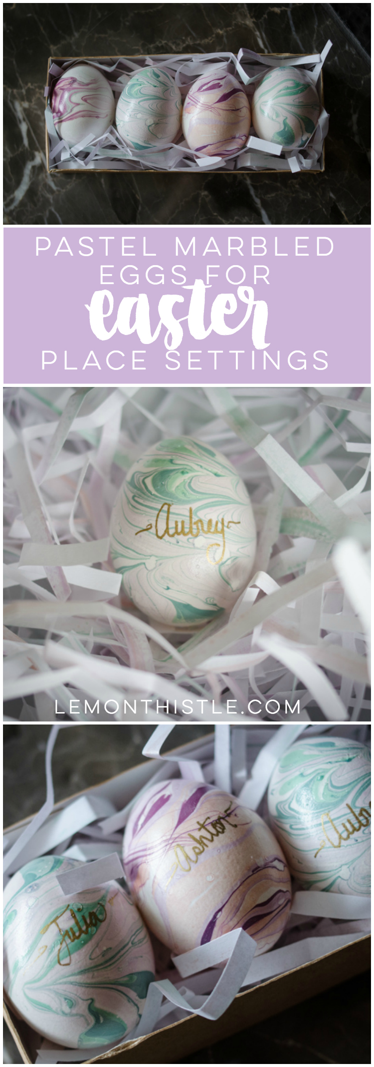 I LOVE these pastel marbled easter eggs... they're gorgeous! And lettering names on them in gold is such a nice touch for easter dinner place settings