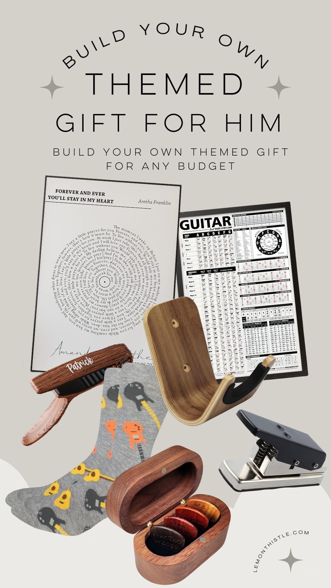 text reads: build your own themed gift for him: build your own themed gift for any budget image is a collage of items with a guitar theme on a tan background.