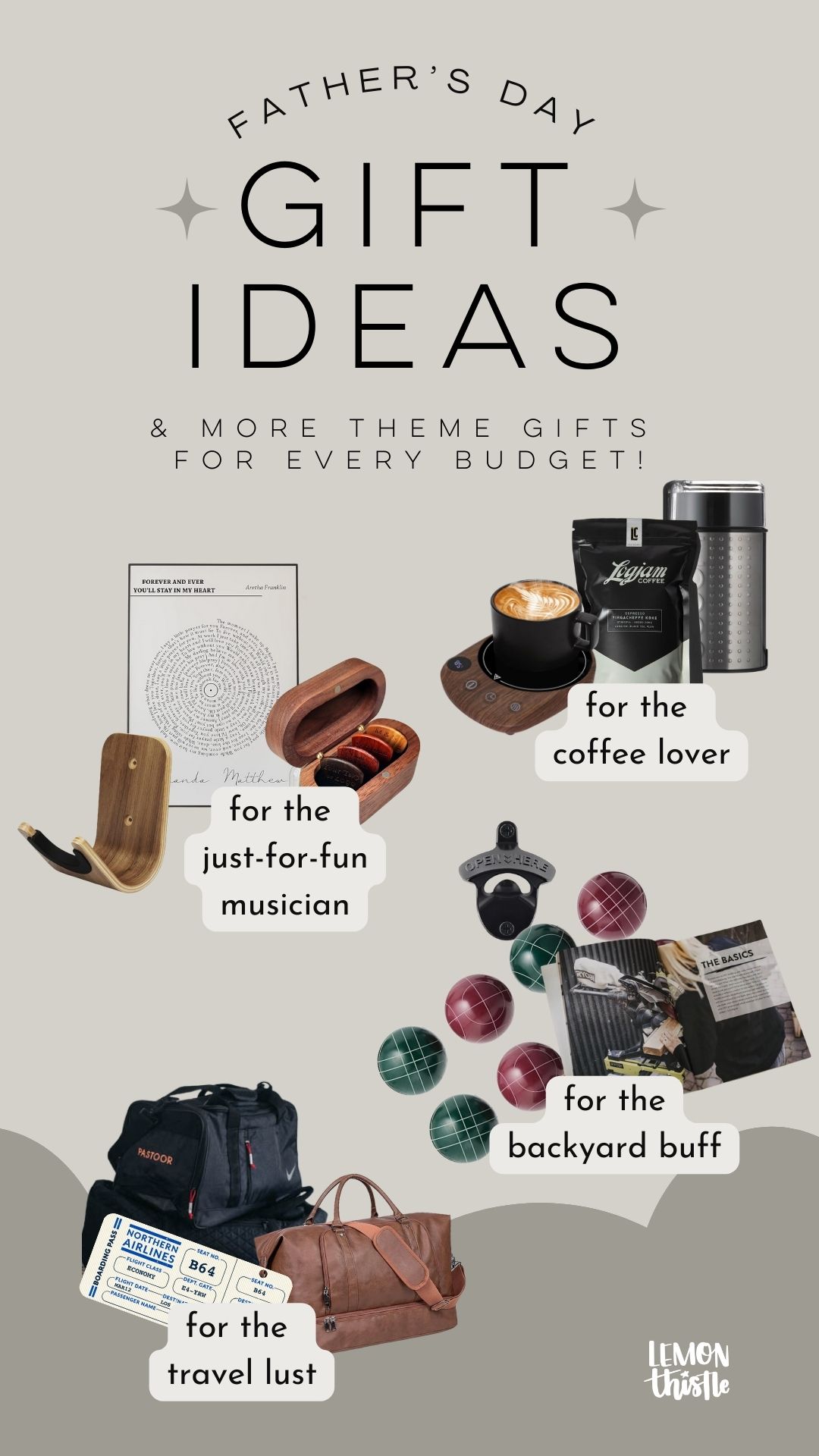 text over reads: father's day gift ideas & more theme gifts for every budget 4 theme gifts shown on tan background with text labels for each: for the just-for-fun musician, for the coffee lover, for the travel lust, for the backyard buff.