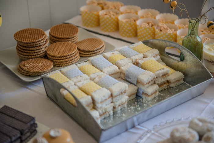 Cute mini PB and Honey Sammies at a bee themed party! DIY First Beeday Party