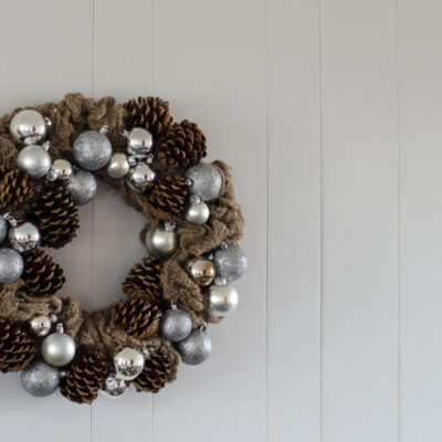 DIY Rustic Pinecone & Bauble Holiday Wreath for only a few dollars!