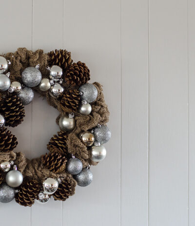 DIY Rustic Pinecone & Bauble Holiday Wreath for only a few dollars!