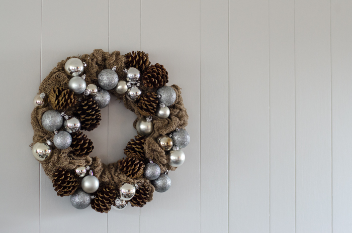 DIY Rustic Pinecone & Bauble Holiday Wreath for only a few dollars!