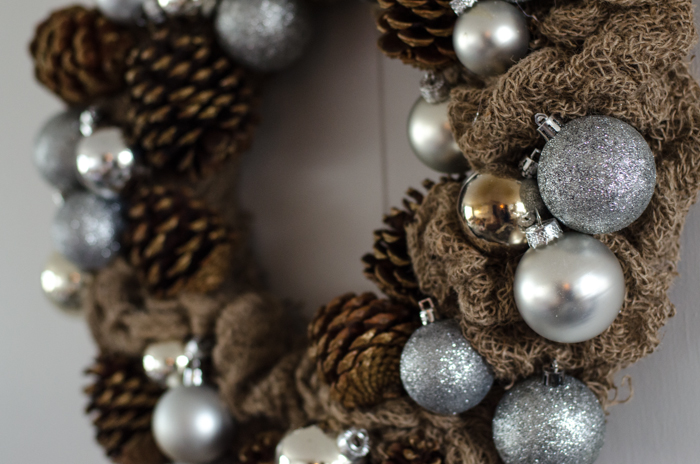 DIY Rustic Pinecone & Bauble Holiday Wreath for only a few dollars!