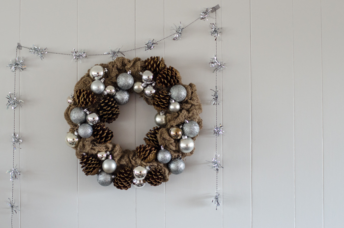 DIY Rustic Pinecone & Bauble Holiday Wreath for only a few dollars!