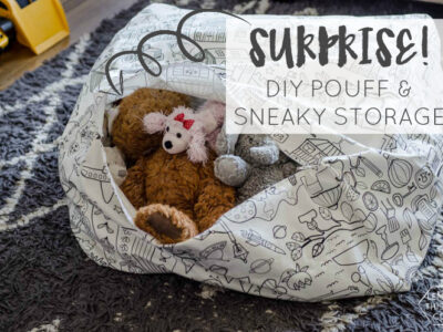 DIY Square Pouff with Sneaky Storage for Kids Plush Toys- what a great idea! Would work for extra pillows or blankets too