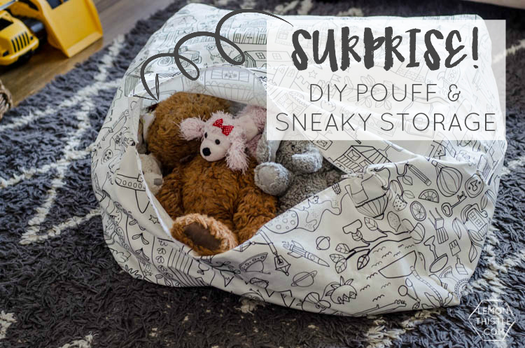 DIY Square Pouff with Sneaky Storage for Kids Plush Toys- what a great idea! Would work for extra pillows or blankets too