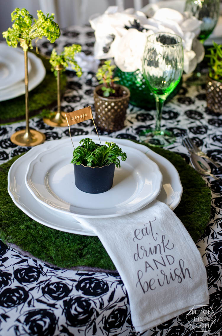DIY hand stamped Gold Place Markers for a classy Saint Patrick's Day Party... I love these!