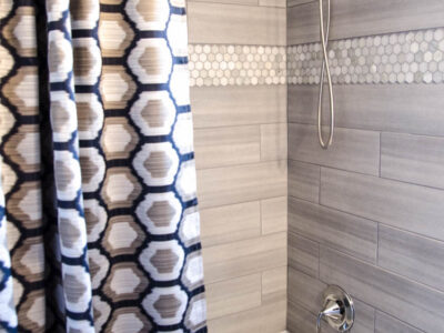 DIY Extra Long Custom Design Shower Curtain- I love how high end this looks!
