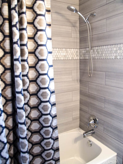 DIY Extra Long Custom Design Shower Curtain- I love how high end this looks!