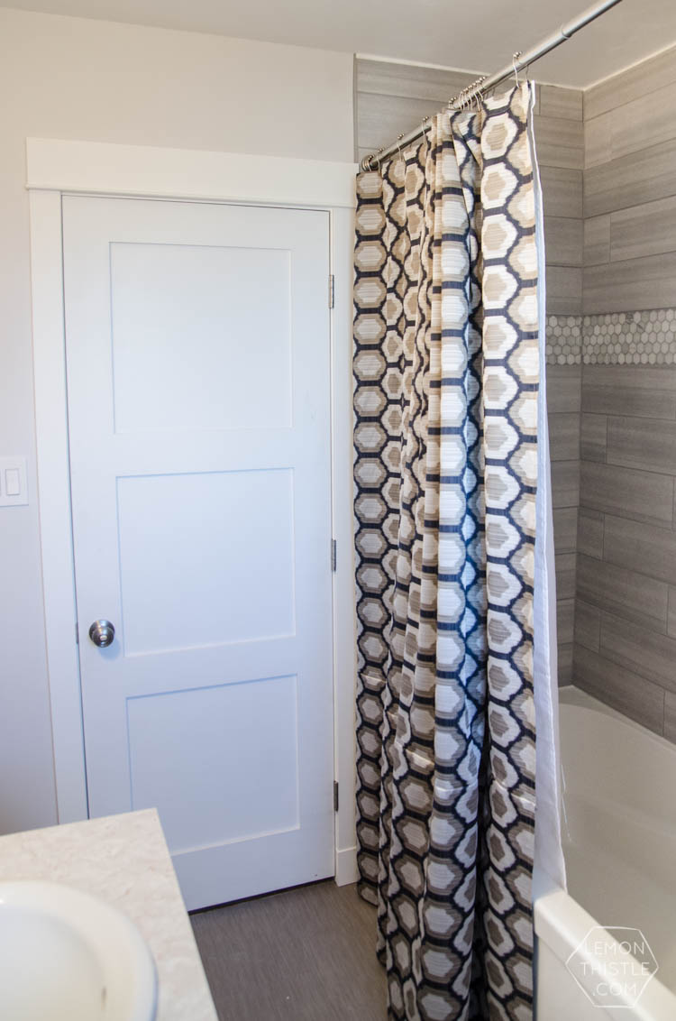 DIY Extra Long Custom Design Shower Curtain- I love how high end this looks!