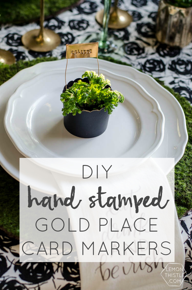 DIY hand stamped Gold Place Markers for a classy Saint Patrick's Day Party... I love these!
