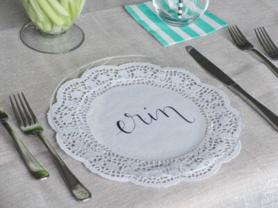 DIY Handlettered Doily Place Settings- such a gorgeous (and affordable!) tablescape