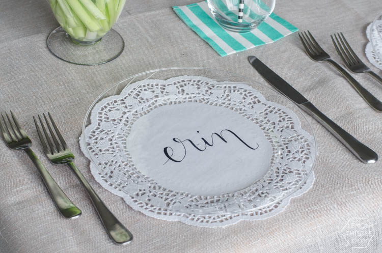 DIY Handlettered Doily Place Settings- such a gorgeous (and affordable!) tablescape