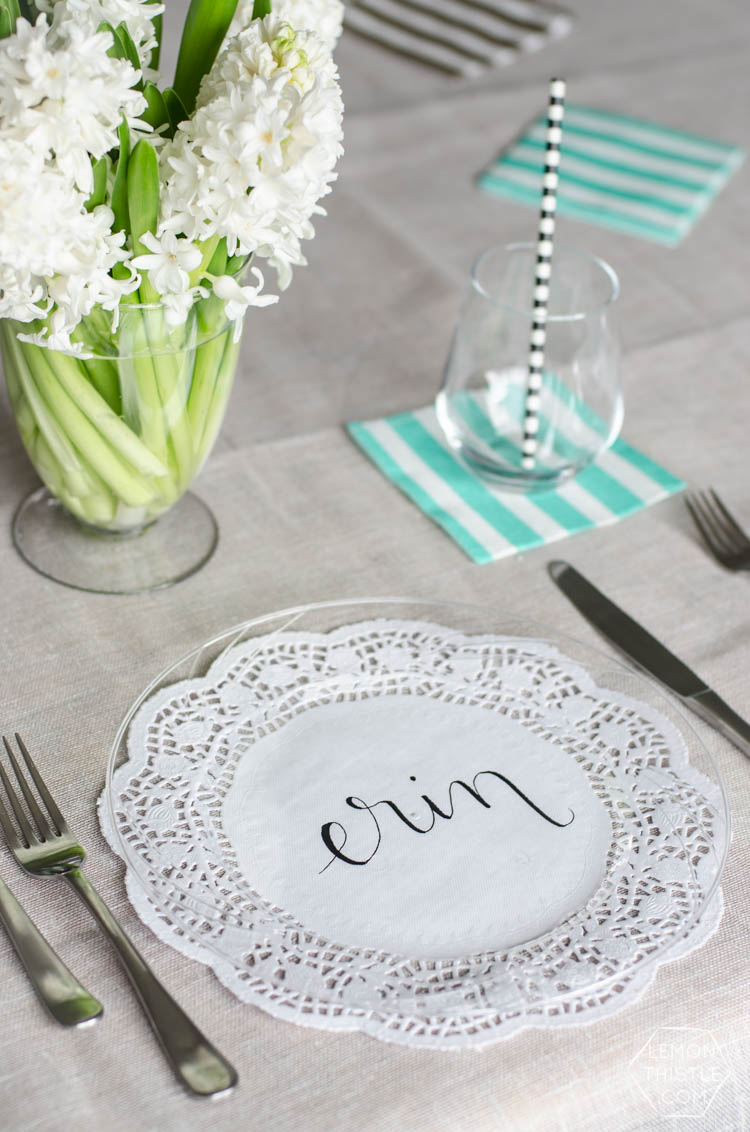 DIY Handlettered Doily Place Settings- such a gorgeous (and affordable!) tablescape