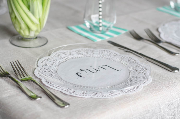DIY Handlettered Doily Place Settings- such a gorgeous (and affordable!) tablescape