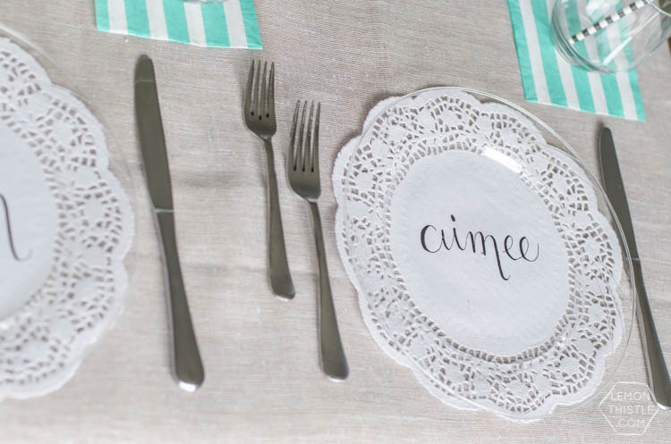 DIY Handlettered Doily Place Settings- such a gorgeous (and affordable!) tablescape