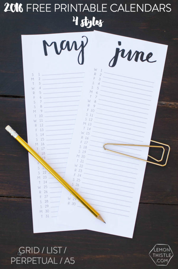 4 Free Printable Calendars- I love the simple handlettering on these!