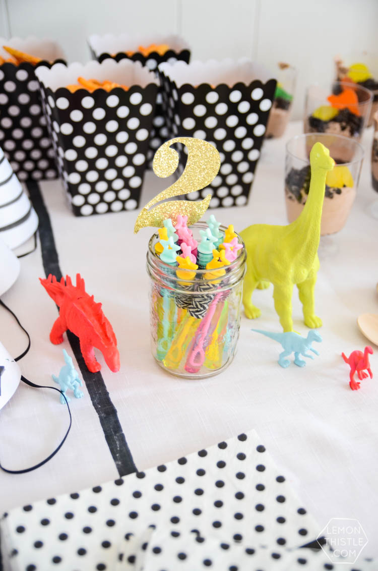 A Modern 2nd Dinosaur Party with lots of black white and neon! 