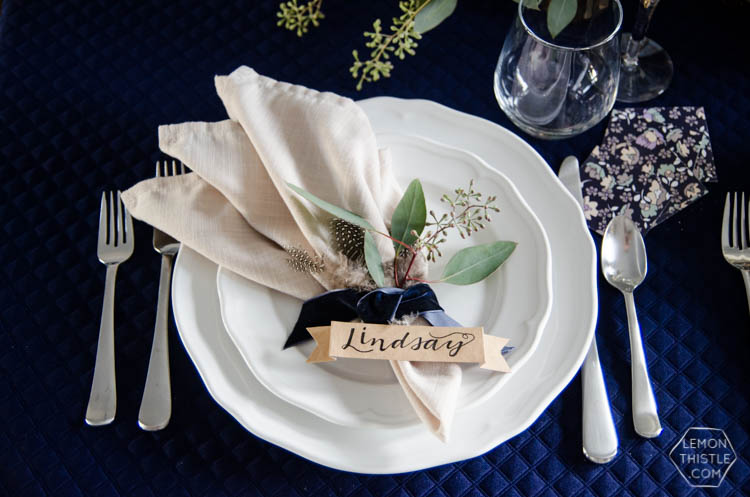 Navy and Neutrals Dinner Party Decor- I love the place settings!