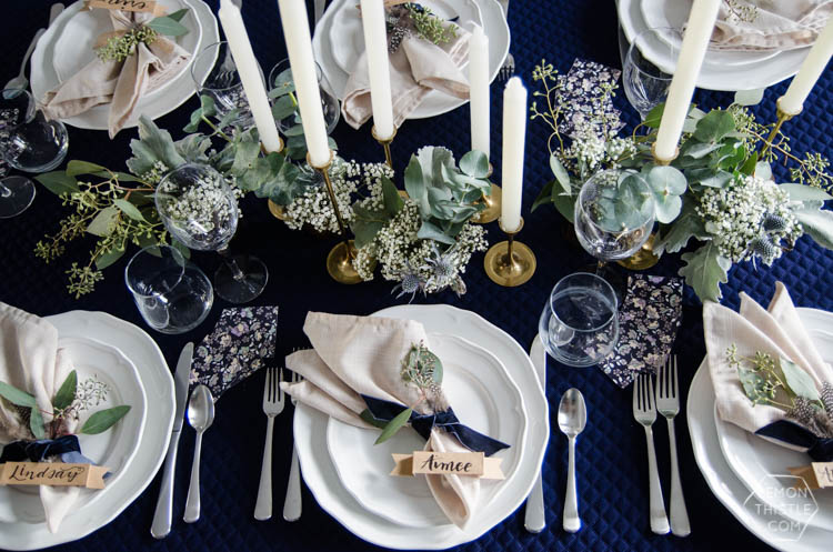 Navy and Neutrals Dinner Party Decor- I love the place settings!