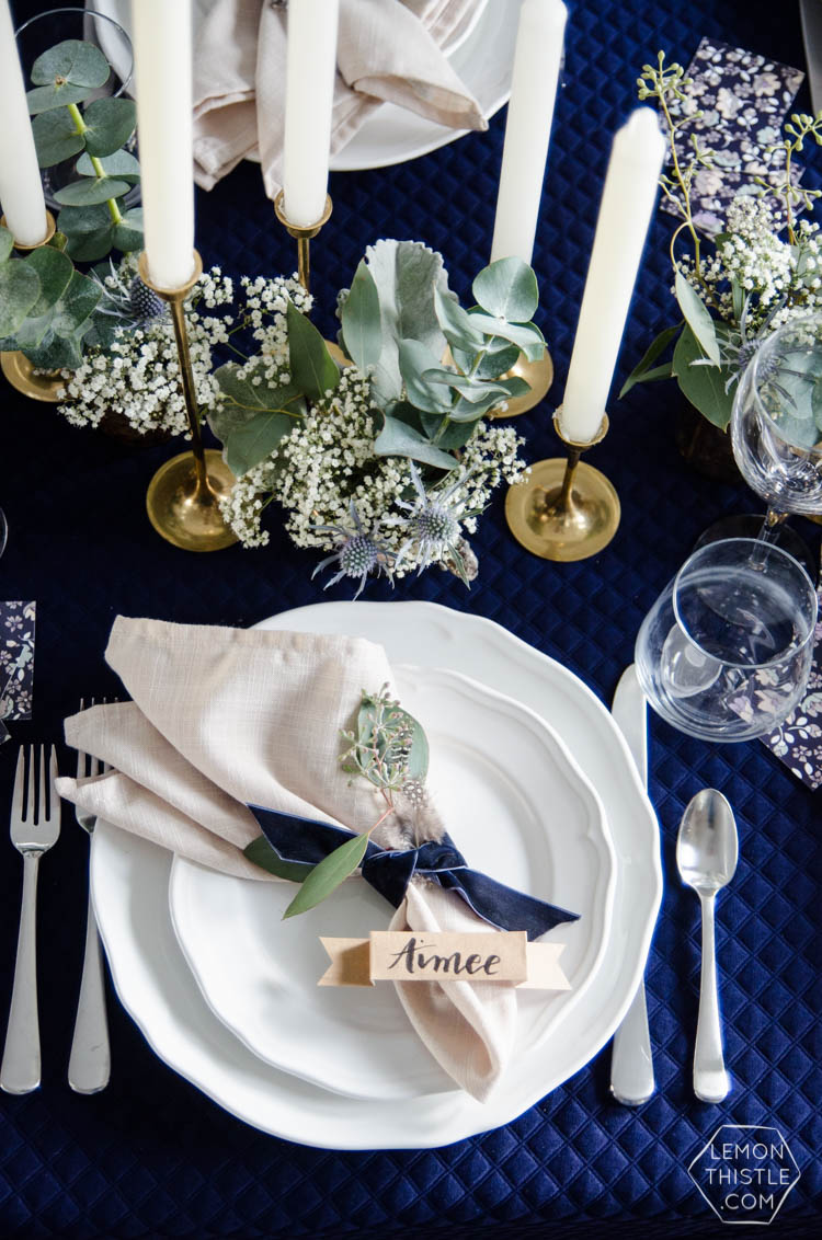 Navy and Neutrals Dinner Party Decor- I love the place settings!
