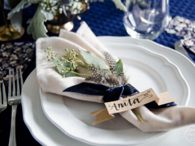 Navy and Neutrals Dinner Party Decor- I love the place settings!