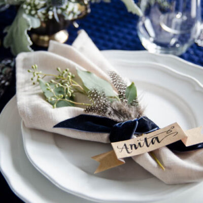 Navy and Neutrals Dinner Party Decor- I love the place settings!