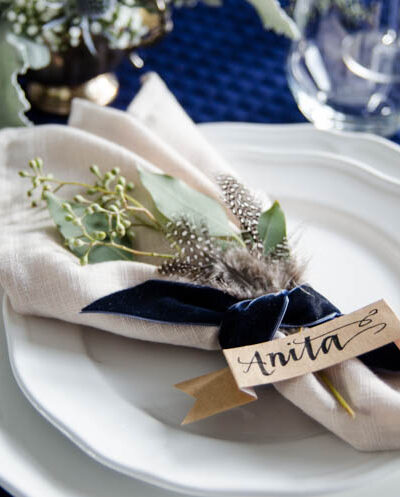 Navy and Neutrals Dinner Party Decor- I love the place settings!