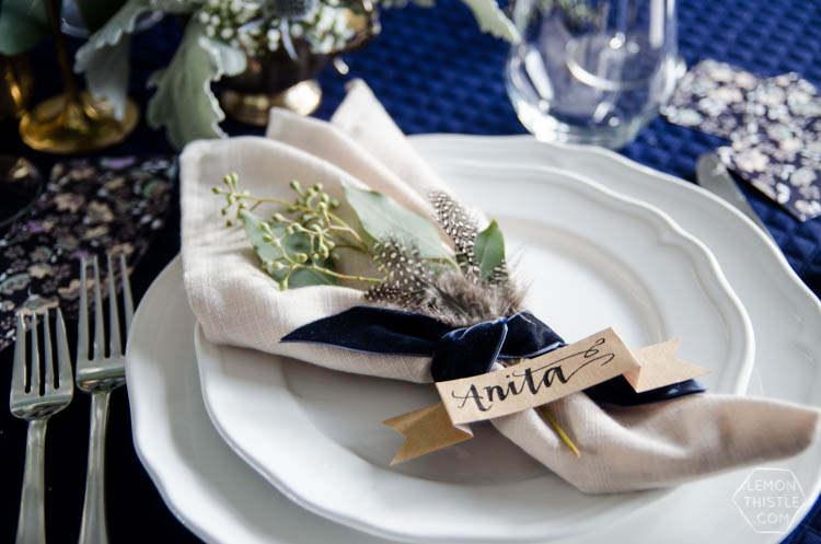 Navy and Neutrals Dinner Party Decor- I love the place settings!