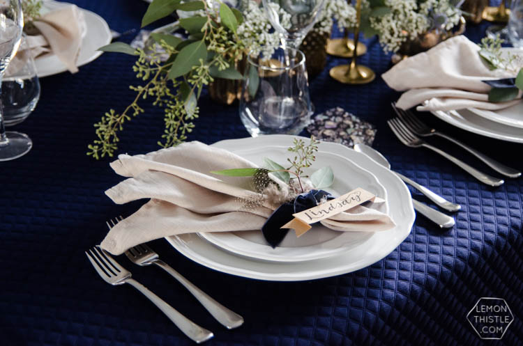 Navy and Neutrals Dinner Party Decor- I love the place settings!