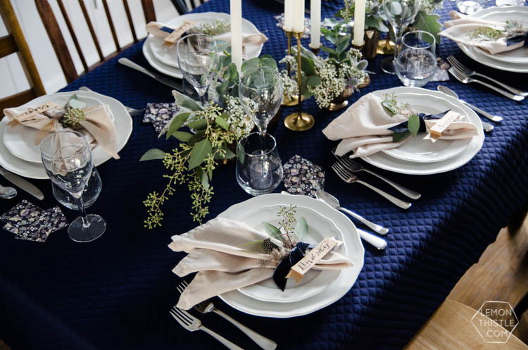 Navy and Neutrals Dinner Party Decor- I love the place settings!