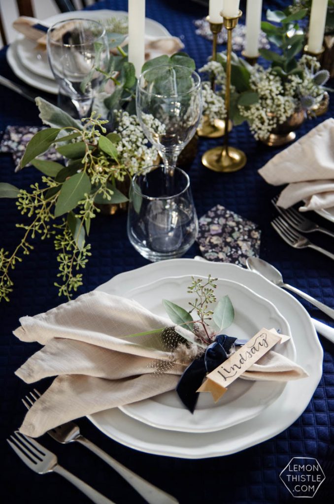 Navy and Neutrals Dinner Party Decor- I love the place settings!