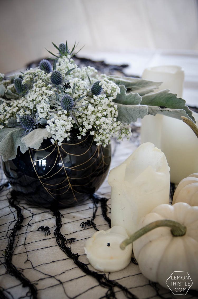 DIY Spooky Floral Halloween Centrpiece that's actually classy! Black and White Halloween Party