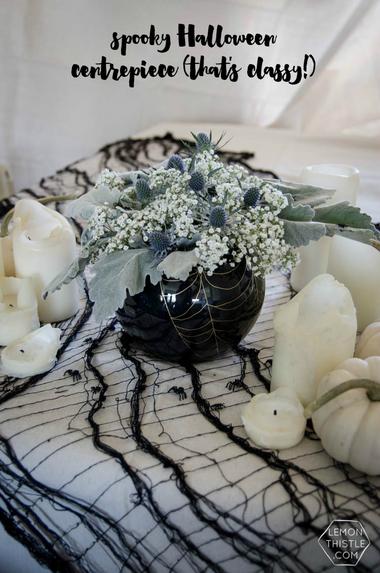 DIY Spooky Floral Halloween Centrpiece that's actually classy! Black and White Halloween Party