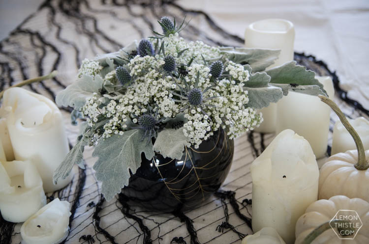 DIY Spooky Floral Halloween Centrpiece that's actually classy! Black and White Halloween Party