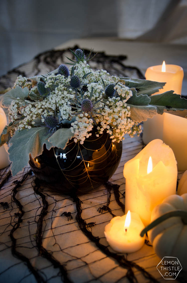 DIY Spooky Floral Halloween Centrpiece that's actually classy! Black and White Halloween Party