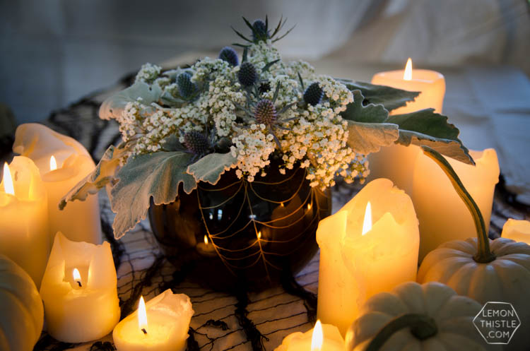 DIY Spooky Floral Halloween Centrpiece that's actually classy! Black and White Halloween Party