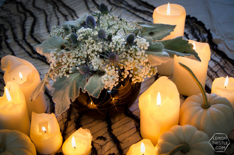 DIY Spooky Floral Halloween Centrpiece that's actually classy! Black and White Halloween Party