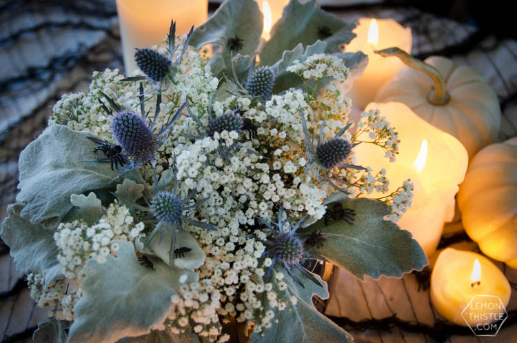 DIY Spooky Floral Halloween Centrpiece that's actually classy! Black and White Halloween Party