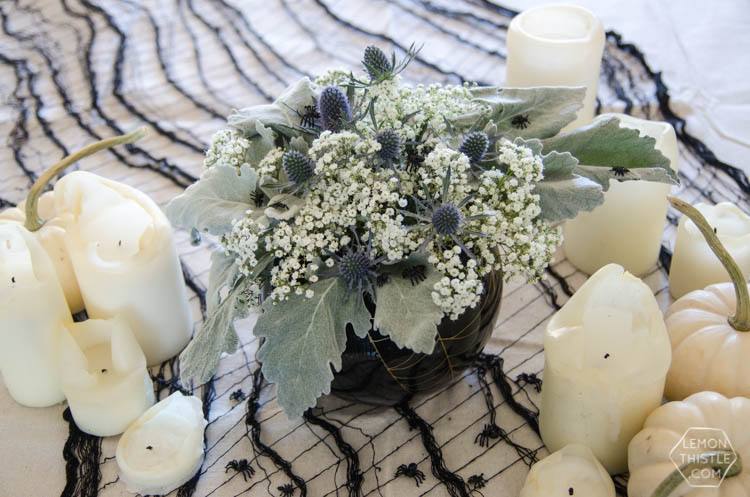 DIY Spooky Floral Halloween Centrpiece that's actually classy! Black and White Halloween Party