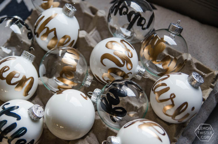 DIY Hand Lettered Ornaments- these would make great gifts for Christmas with the person's name!