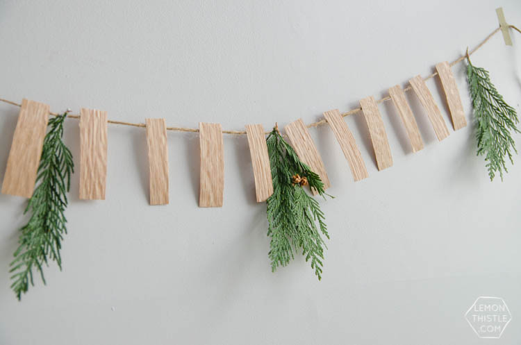 DIY Simple Wood Veneer Garland with Fresh Greens- the perfect minimal holiday decoration