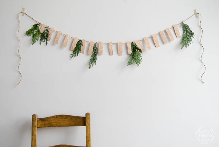 DIY Simple Wood Veneer Garland with Fresh Greens- the perfect minimal holiday decoration