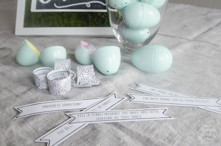 Free Printable Easter Egg Conversation Starters- so fun! Just like Christmas crackers... but for Easter