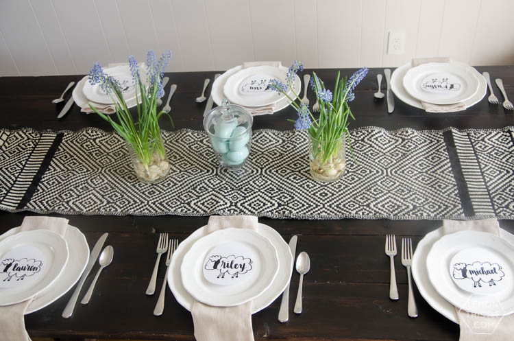 A Last Minute (seriously!) Tablescape- perfect for Easter. Complete with cheater forced flowers and free printable placecards!