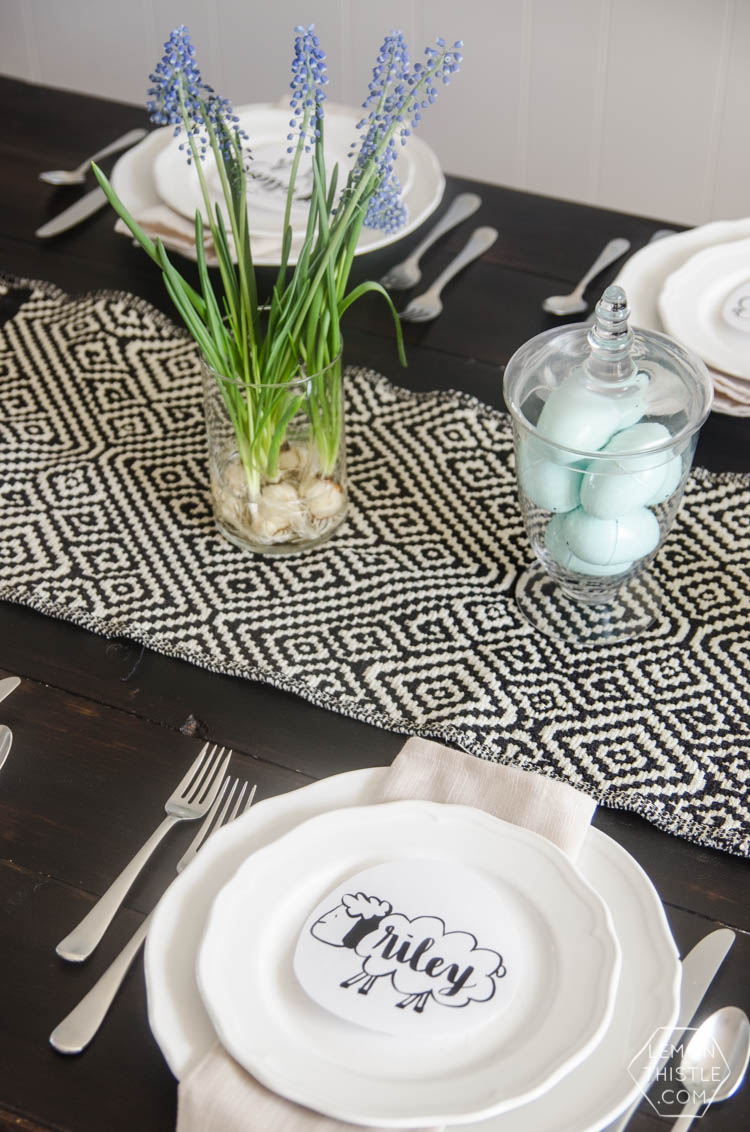 A Last Minute (seriously!) Tablescape- perfect for Easter. Complete with cheater forced flowers and free printable placecards!