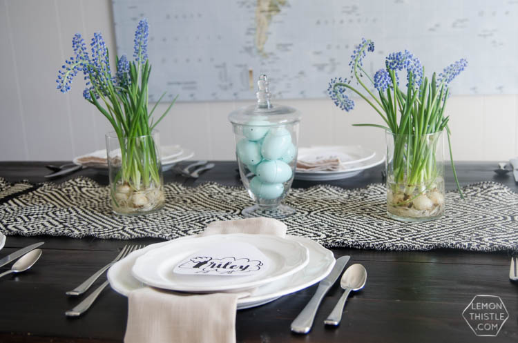 A Last Minute (seriously!) Tablescape- perfect for Easter. Complete with cheater forced flowers and free printable placecards!