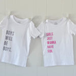 white tee shirts with fun sibling sayings made with DIY iron on vinyl: Boys will be Boys, Girls just wanna have fun