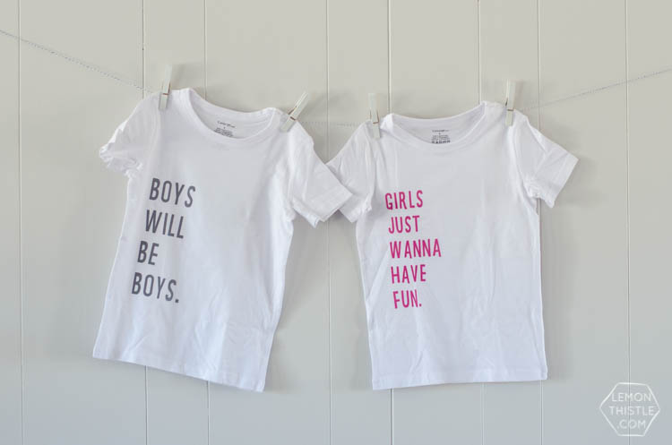 Such fun t-shirts for siblings! And I love that it uses the fuzzy iron on letters- so much better for kids.